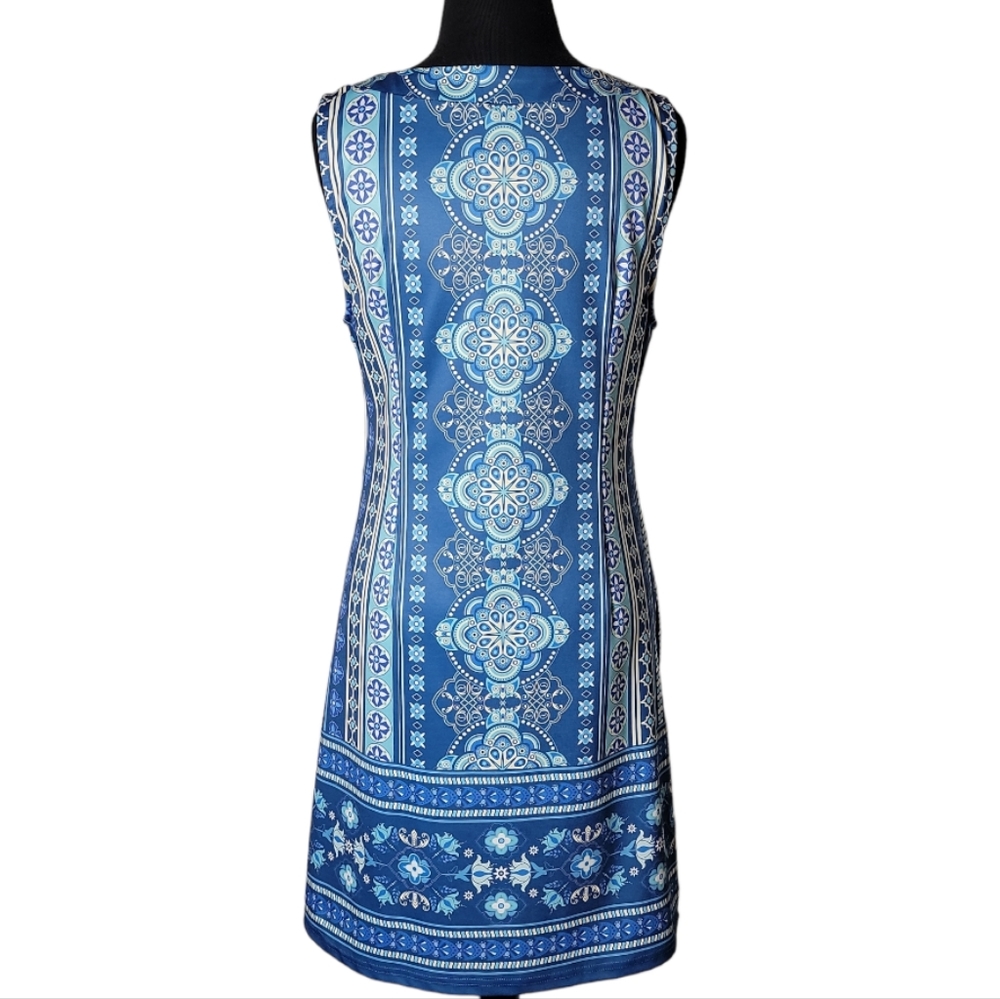 Papillon Blanc women's medium blue white paisley printed aleeveless shift dress - Picture 2 of 6